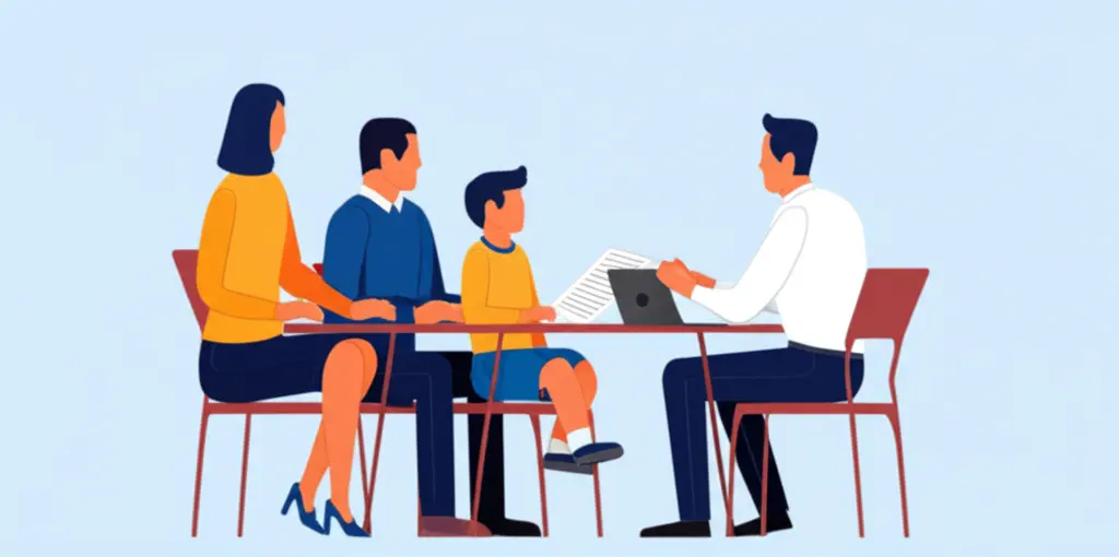 Family meeting with a financial advisor at a table