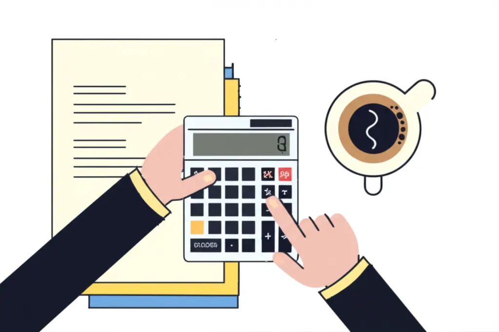 Cartoon-style illustration of a person using a calculator with a cup of coffee