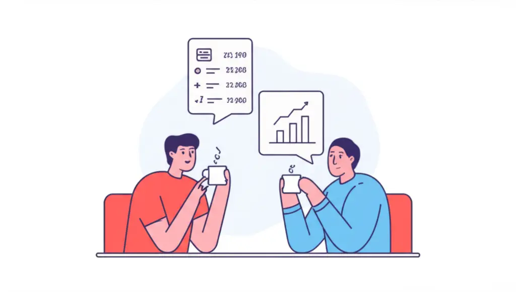 Two friends enjoying coffee while discussing financial strategies, with cartoon speech bubbles showing numbers and plans