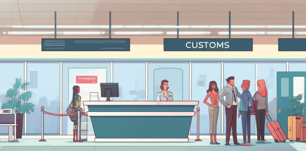 Cartoon-style drawing of a customs office interior in Europe