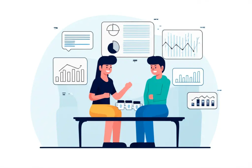 Cartoon-style depiction of two people discussing finance over coffee