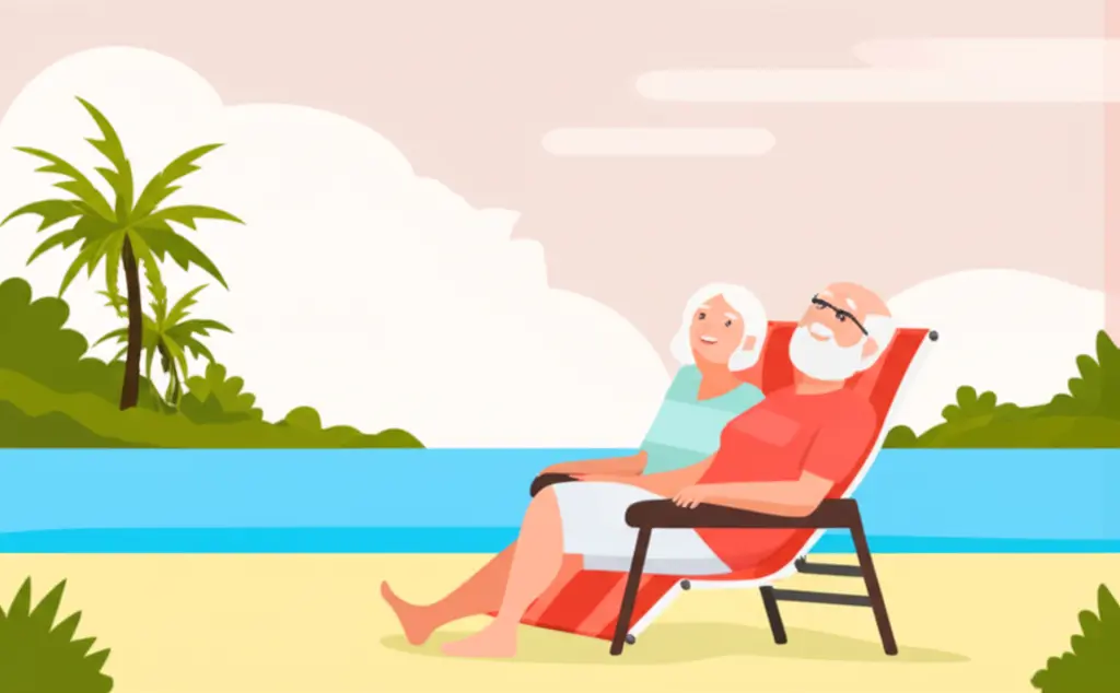 Cartoon-style illustration of happy older couple on vacation enjoying retirement