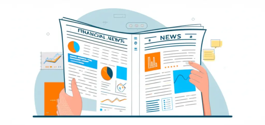 Cartoon-style depiction of a person reading a financial newspaper with charts and graphs.