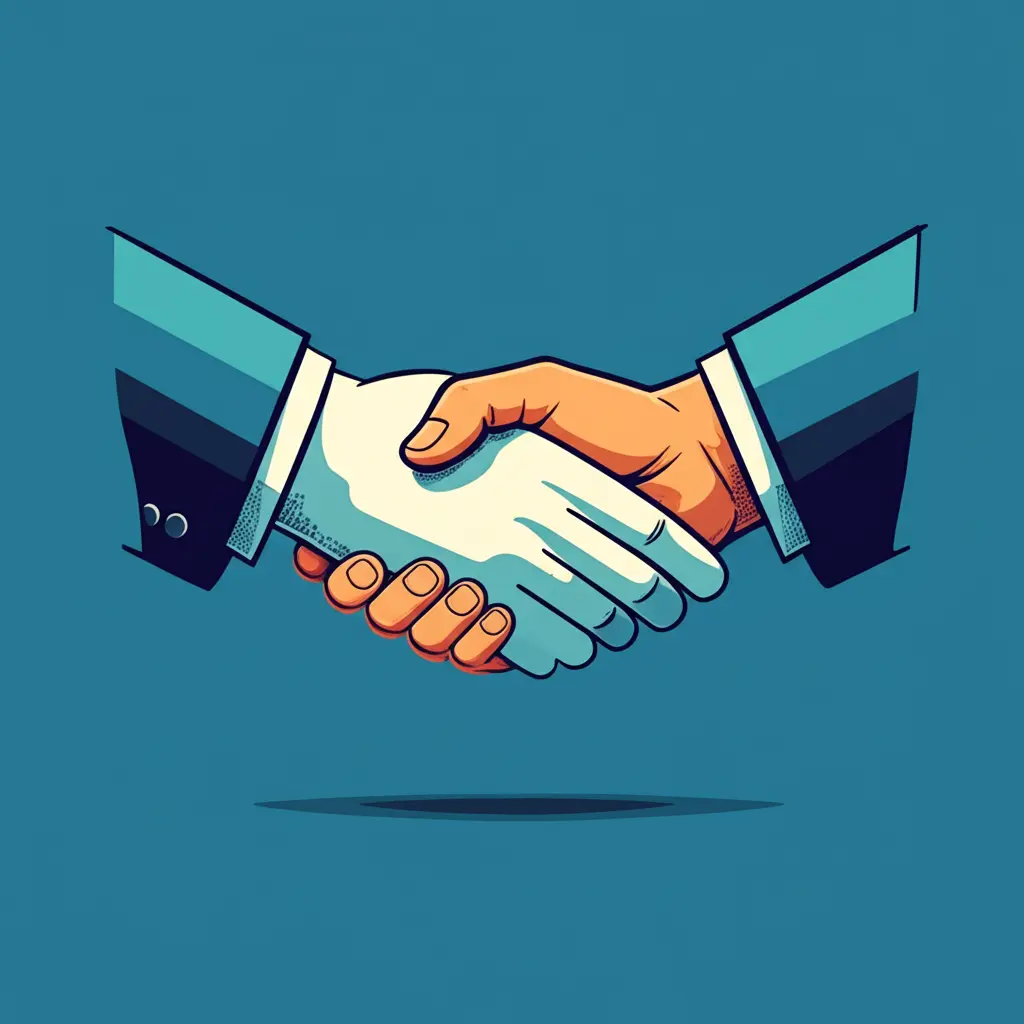Hand-drawn image showcasing a handshake between two giant logos