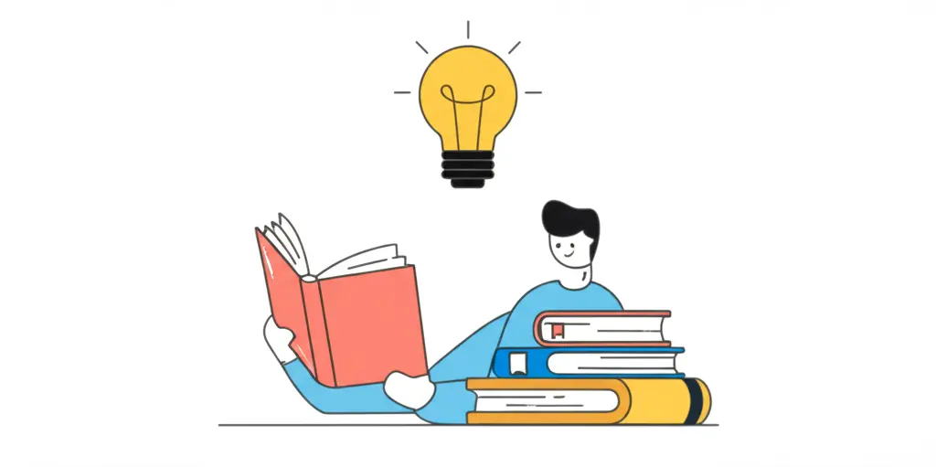 Person reading financial books with a lightbulb above them