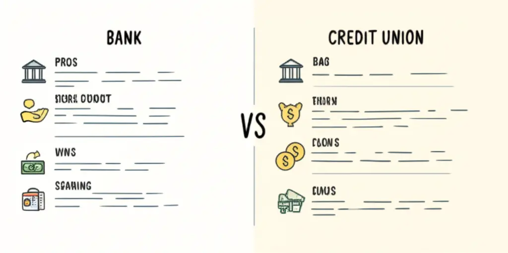 A hand-drawn comparison chart of a bank versus a credit union with pros and cons.