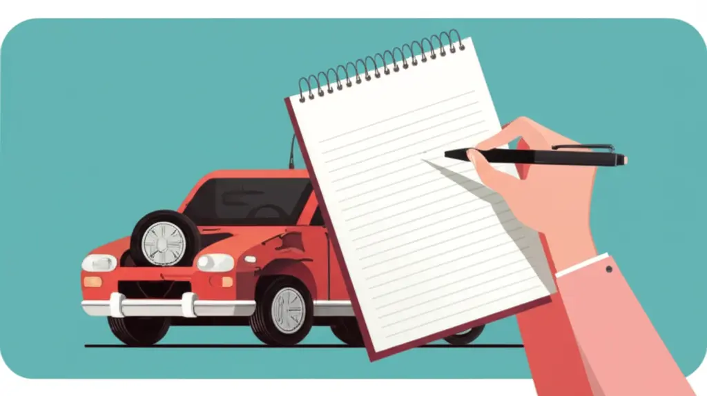 A cartoon-style hand holding a notepad and a pen, taking notes about a car accident.