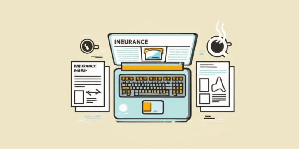 An organized workspace with insurance documents, a laptop, and a coffee cup.