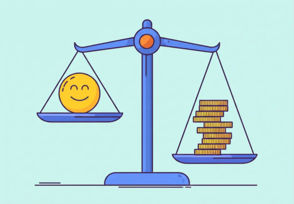 A cartoon-style balance scale weighing happiness against money, representing job satisfaction versus salary.