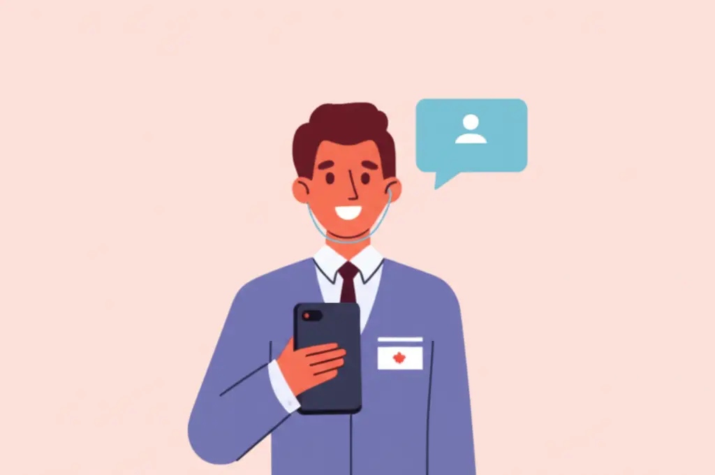 Cartoon of a happy Canadian insurance agent using a mobile app
