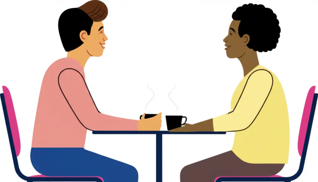 Two individuals having a peaceful conversation over coffee.