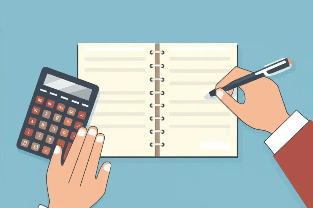 Person organizing a budget with a notebook and calculator