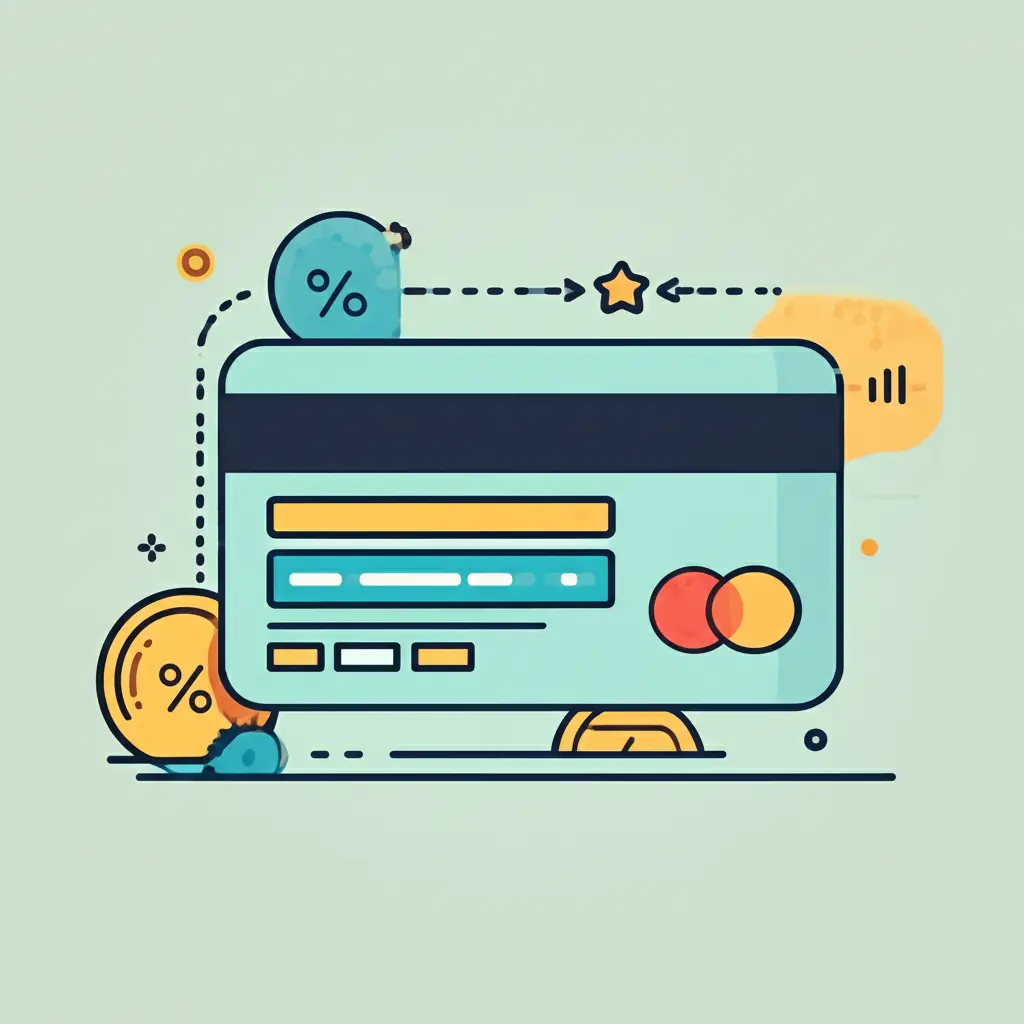 Cartoon-style representation of a credit card with reward points and interest rates emphasized.