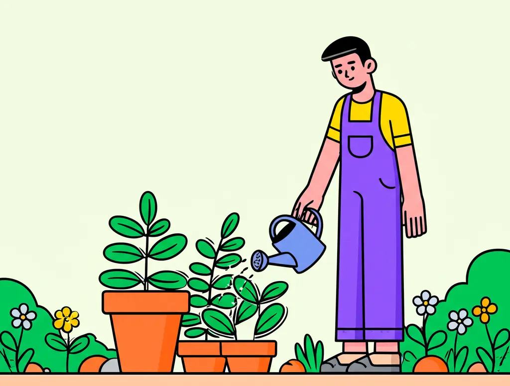Descriptive alt text for a cartoon showing a character watering plants