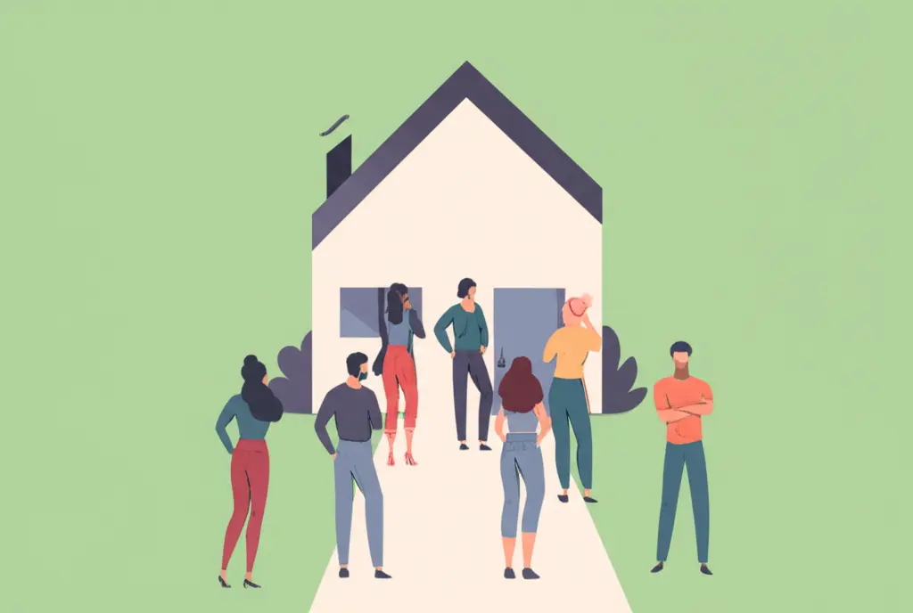 People standing in front of a house looking thoughtful