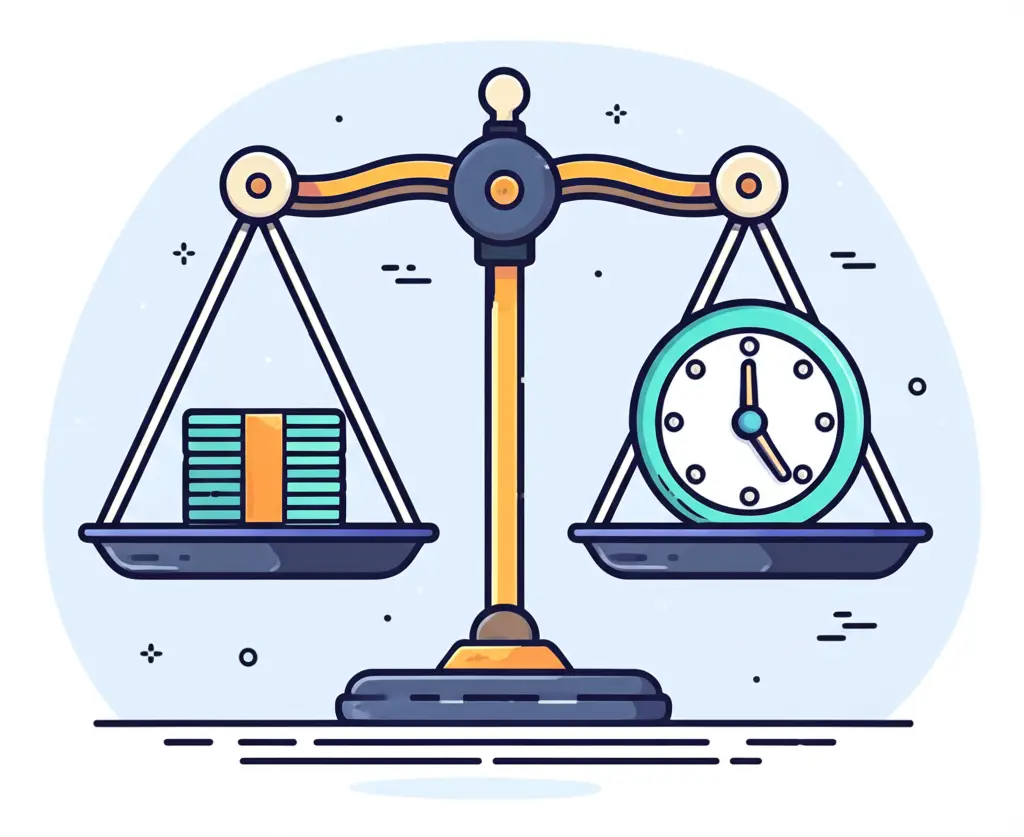 Cartoon drawing of a scale balancing money and time.