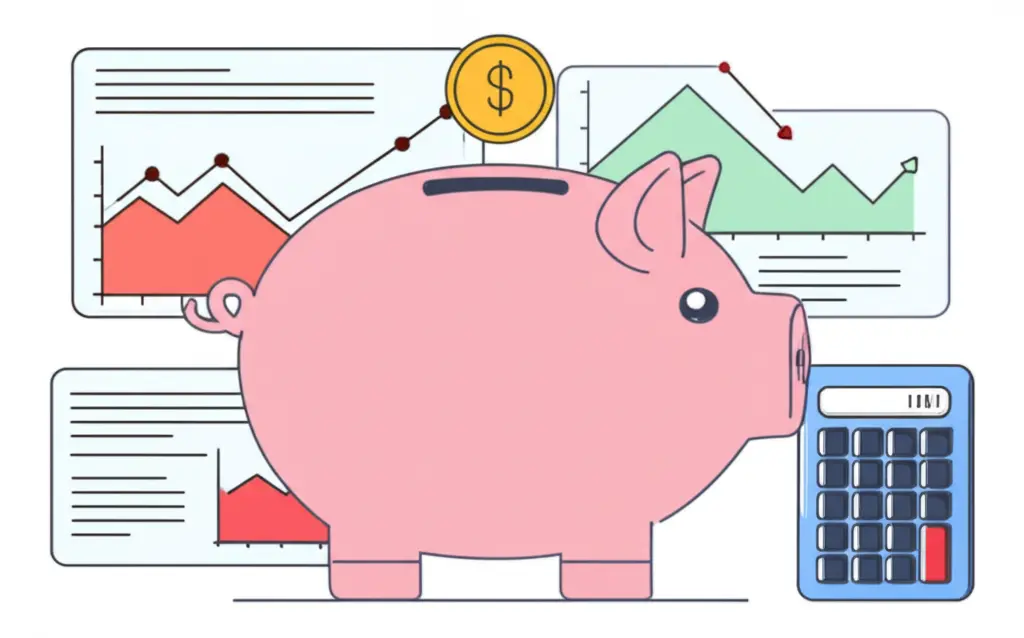 Investment piggy bank surrounded by charts