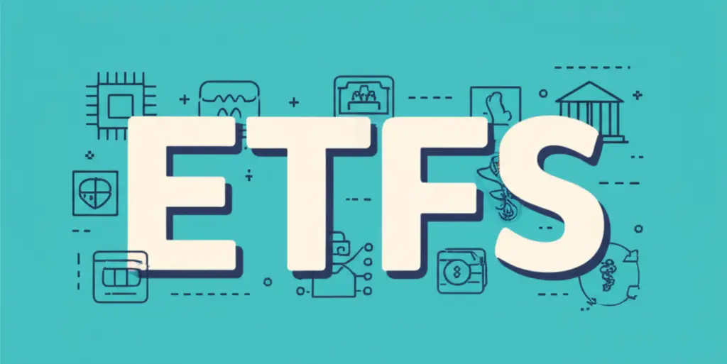 An illustration of a diverse portfolio featuring ETFs, with small icons of different sectors.
