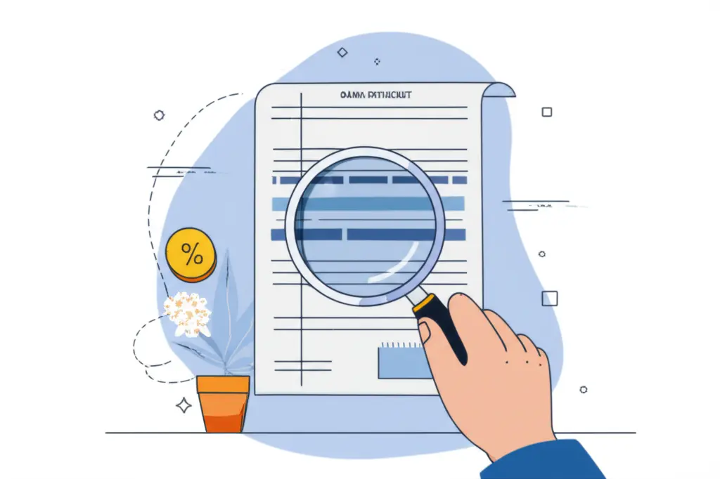 Person holding a magnifying glass over a bank statement