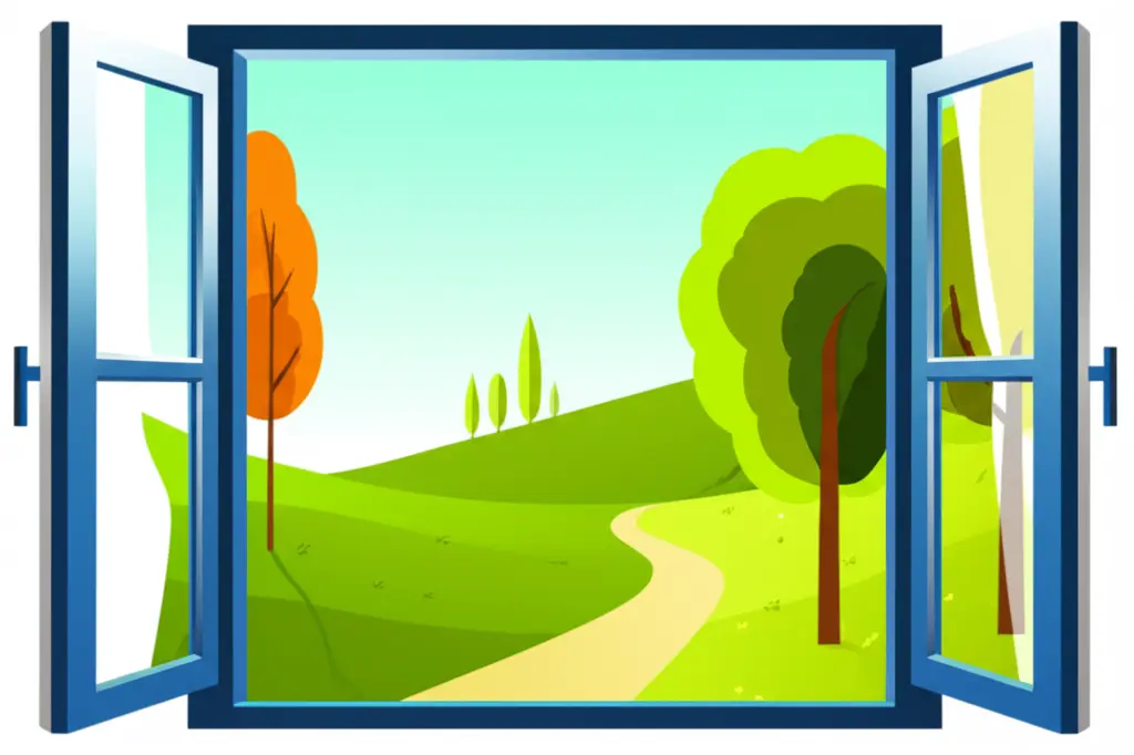 Illustration of an open window overlooking a bright, new landscape, representing new opportunities.