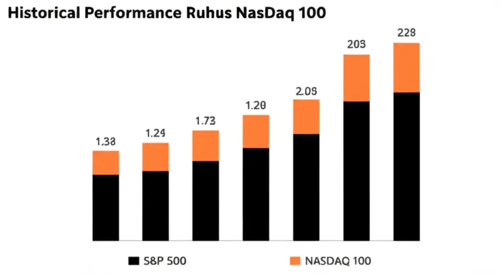 Hand-drawn style bar chart comparing historical performance of S&P 500 and NASDAQ 100.