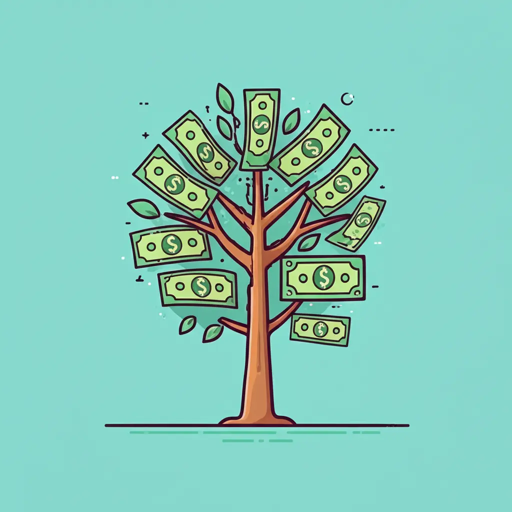 A growing tree with dollar bills as leaves