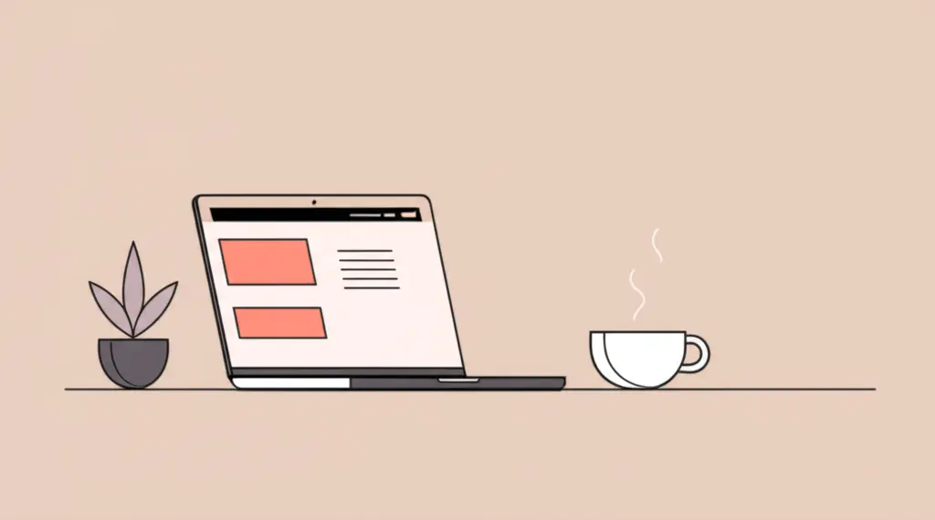 A minimalist desk setup with a laptop, a cup of coffee, and a small plant.