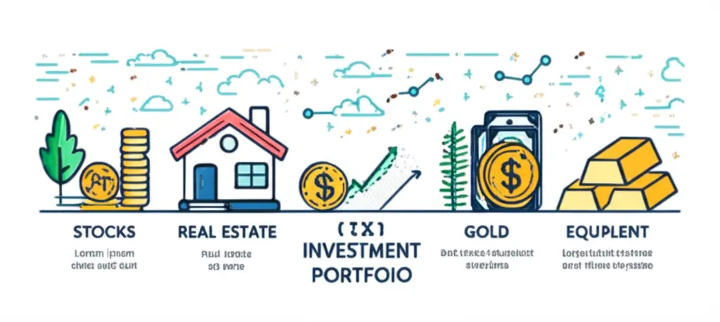 A diverse investment portfolio with stocks, real estate, and equivalent-valued items