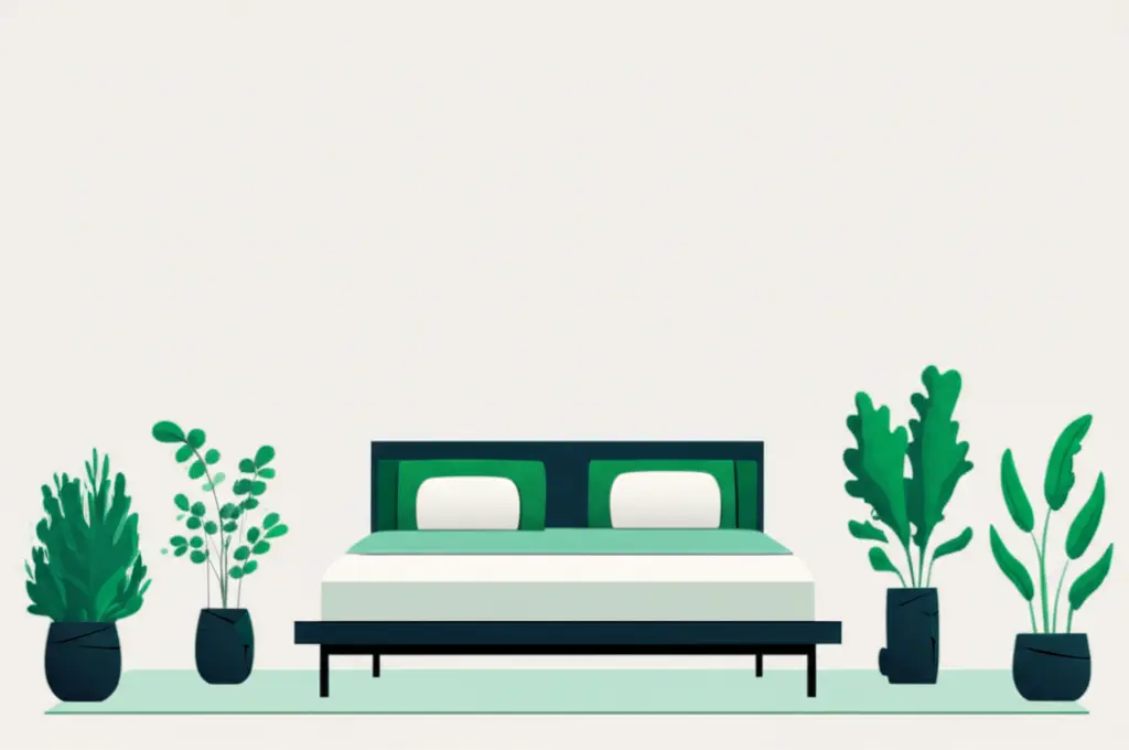 A minimalist bedroom with a comfy bed and green plants