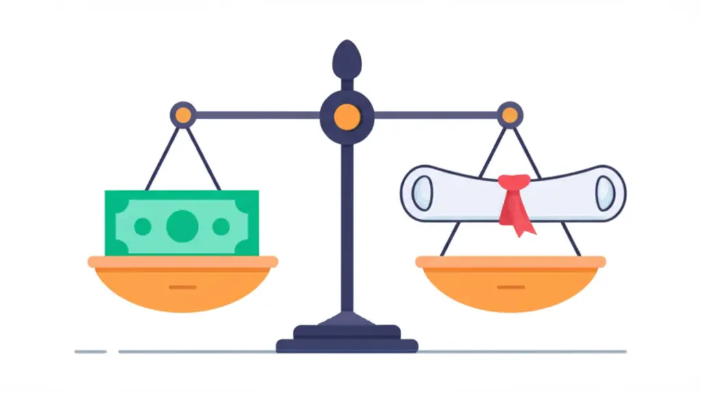 Illustration of a balance scale with money on one side and a document on the other side, cartoon-style.