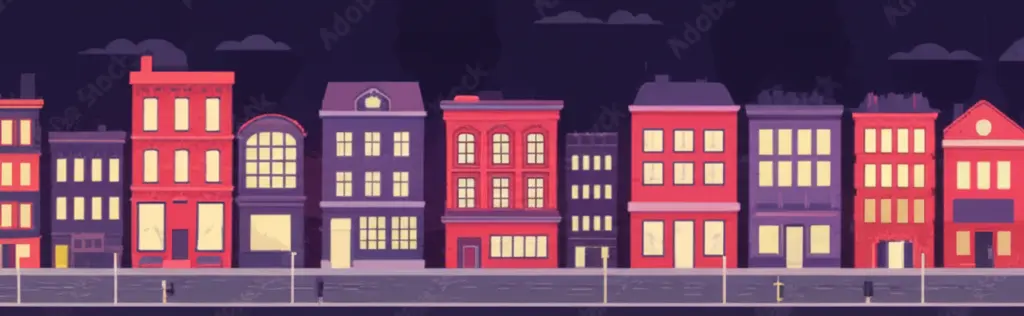 Cartoon-style cityscape showing buildings with lively streets and warm lighting from windows.