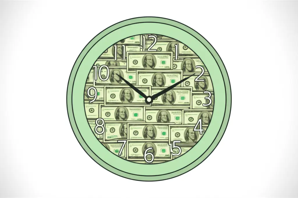 clock with dollar bills as numbers, representing time vs money.