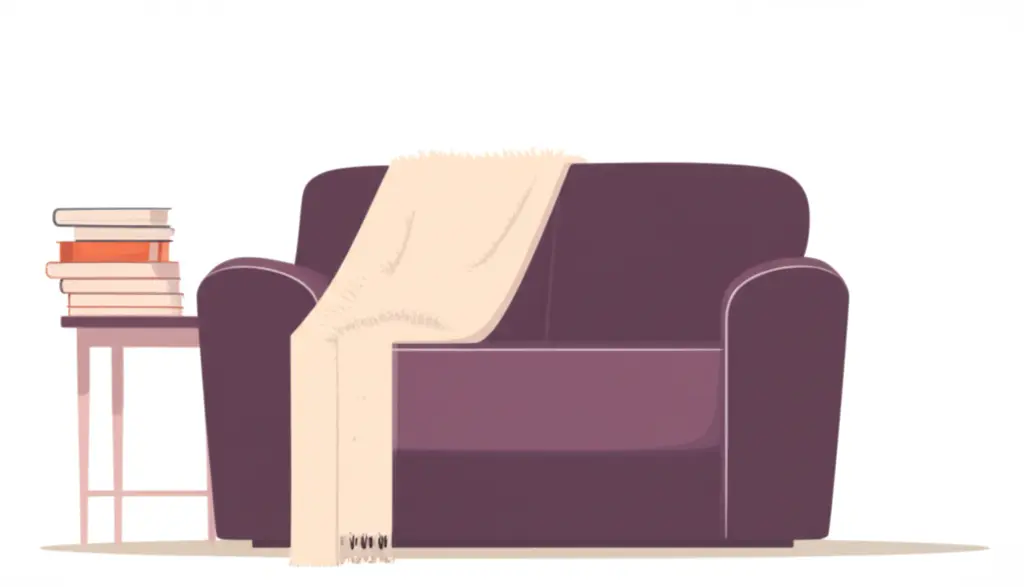 Comfortable armchair with a fluffy throw blanket and a stack of books on a side table