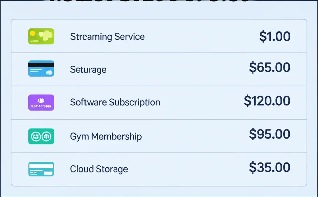 Cartoon depicting a credit card statement with multiple subscriptions listed