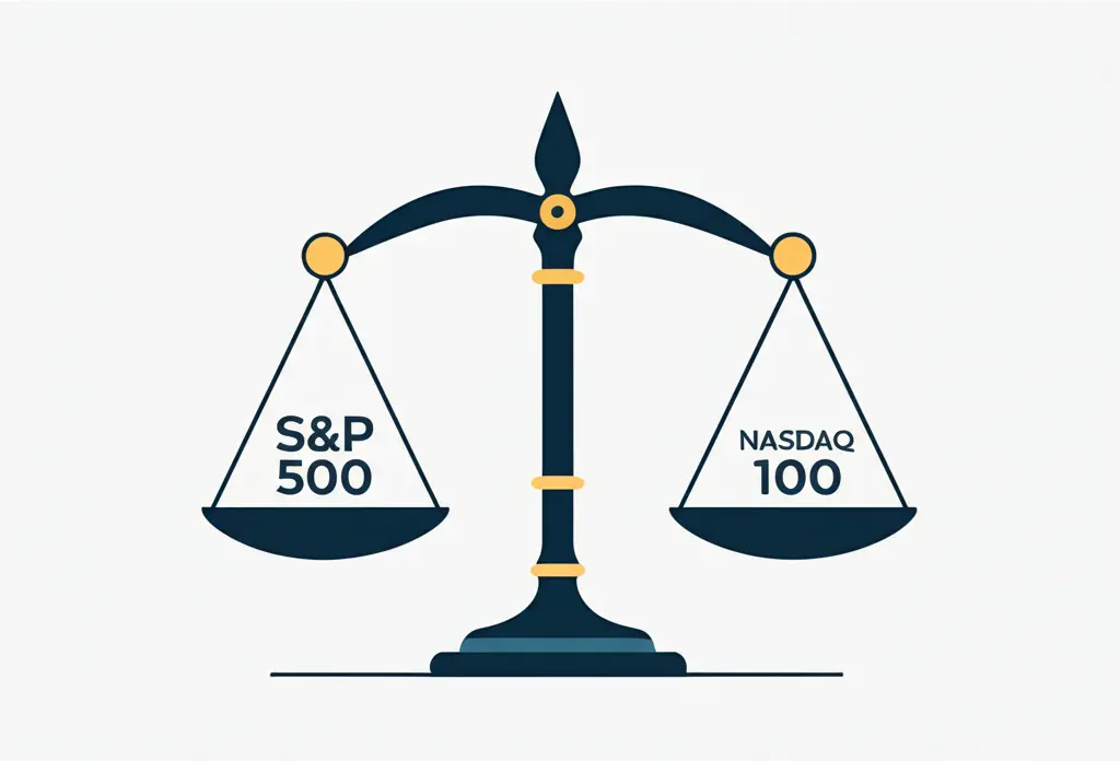 Illustration of a balanced scale with S&P 500 and NASDAQ 100