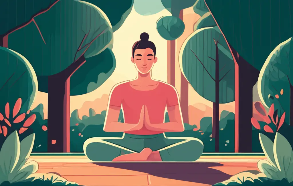 A hand-drawn illustration of a person meditating in a peaceful garden