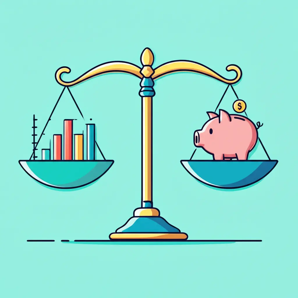 Balancing scale with stock graph and piggy bank