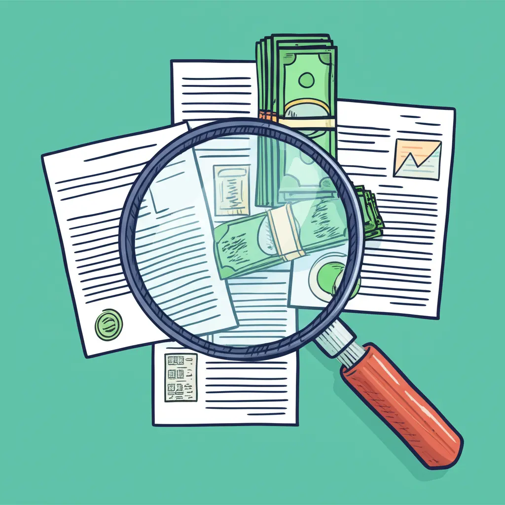 Magnifying glass over stacks of money and documents