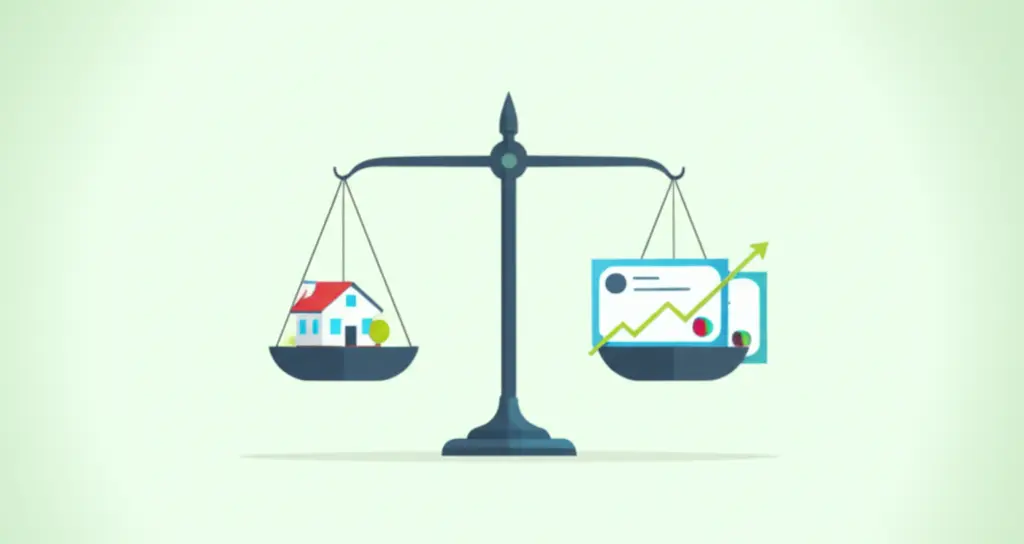 A balancing scale with different investment options like real estate, stocks, and bonds