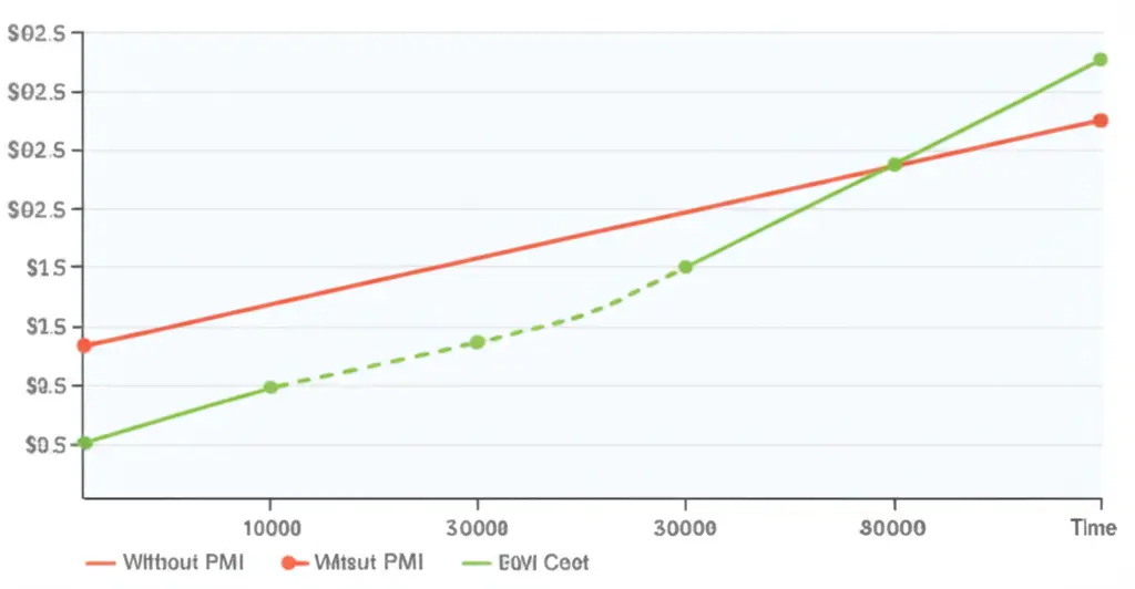 Cartoon-style graph showing the cost difference with and without PMI over time.