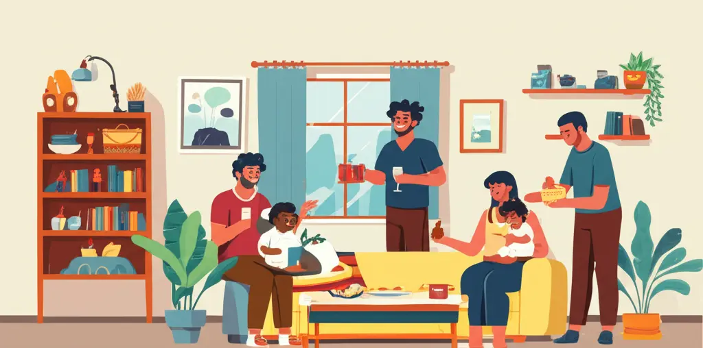 Housewarming party with friends and family gathered in a cozy living room