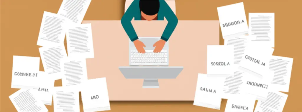 An illustration of a person sitting at a desk surrounded by paperwork labeled with different state names.