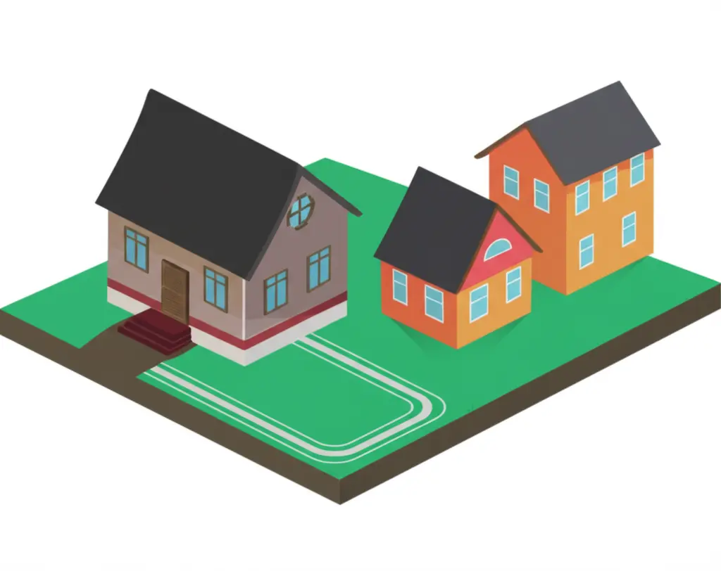 Cartoon drawing of a house with a 3D view showing a septic line running beneath two properties.