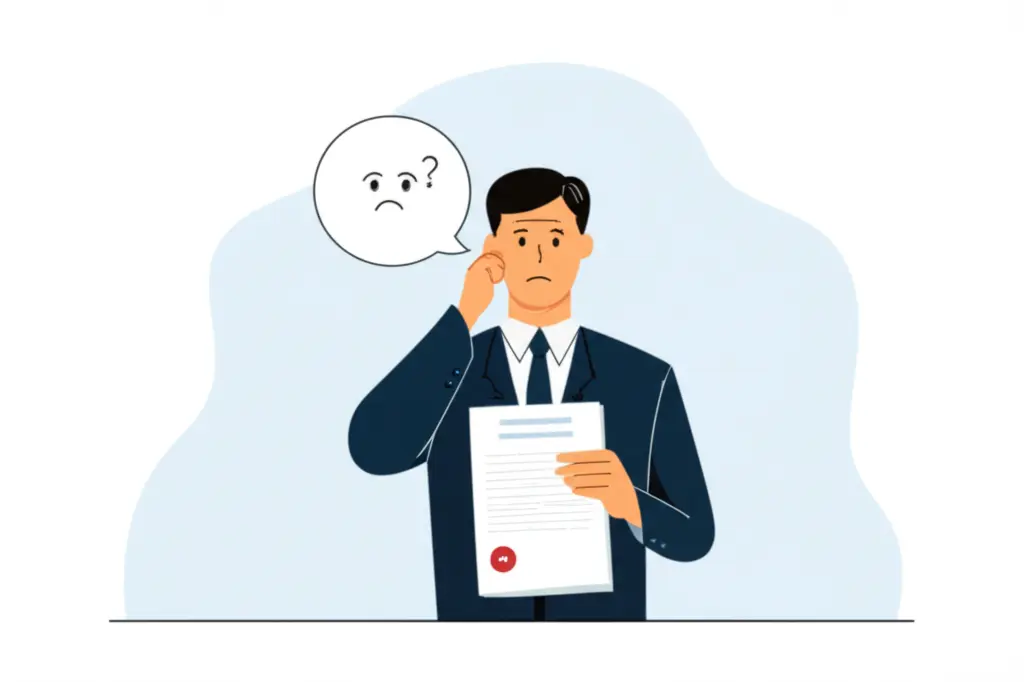 A stressed landlord holding a tenant complaint letter with a thought bubble showing a confused expression