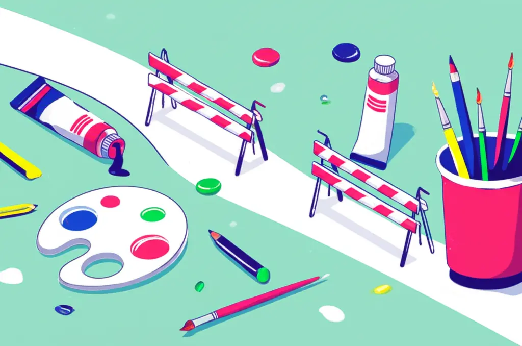 A whimsical depiction of a roadblock on a creative path, with art supplies scattered around.