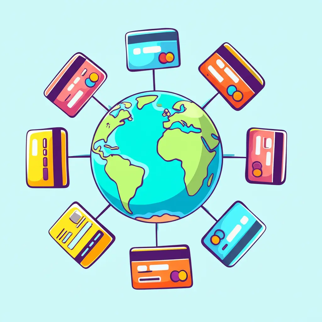 A globe with credit cards orbiting it, symbolizing travel rewards