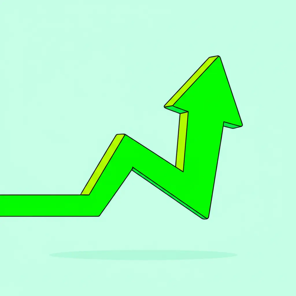 Cartoon-style illustration of a credit score report with a vibrant green upward arrow.