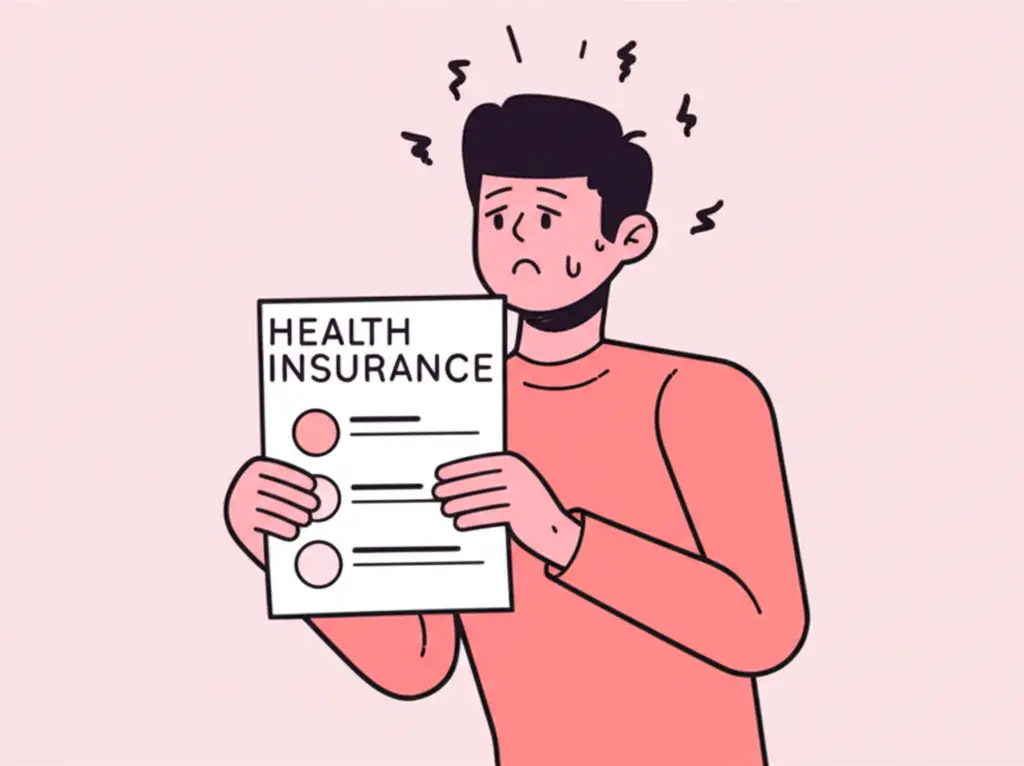 A frustrated person holding health insurance paperwork