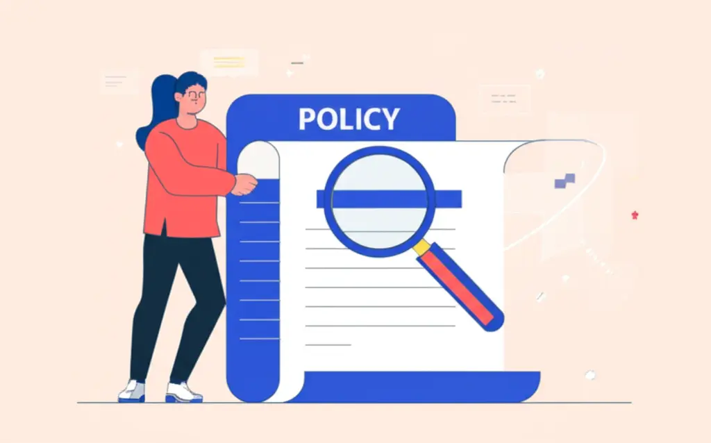 A cartoon character reviewing a policy document with a magnifying glass.