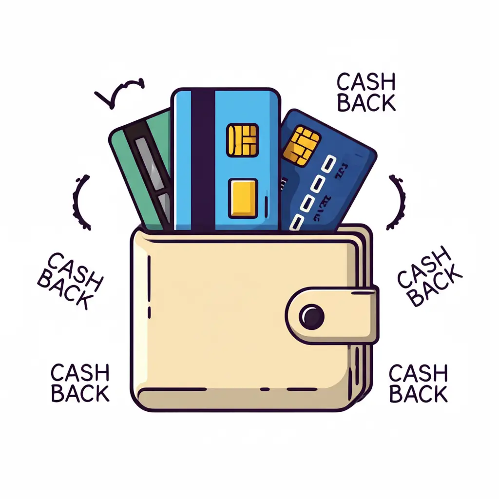 Wallet with credit cards and cashback symbols